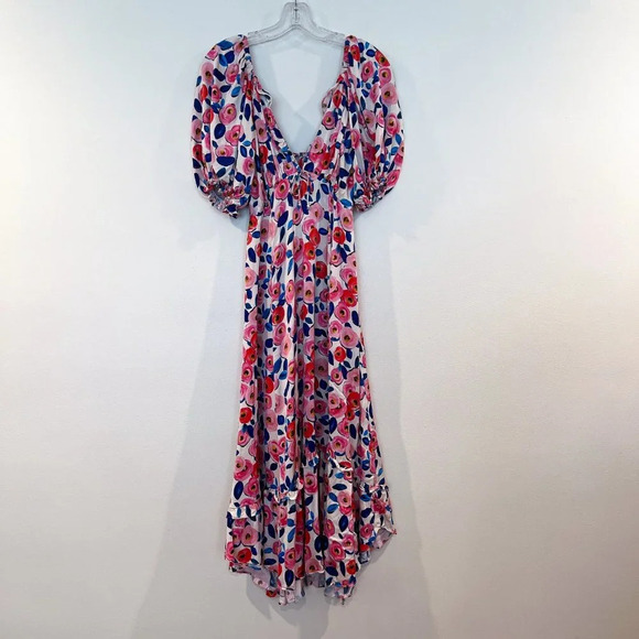 For Love & Lemons Colorful Floral Rose Print Romantic V Neck Ruffled Maxi Dress - Picture 3 of 13